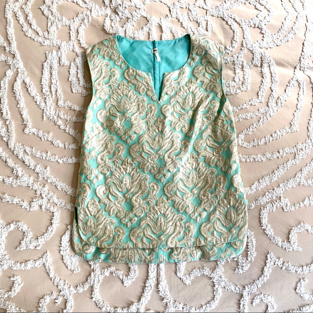 J. Crew original sample, XS sleeveless blue and gold Jacquard top